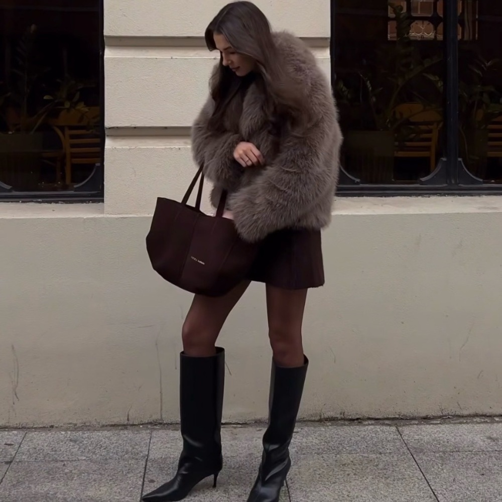 Zara faux fur buckle closure short coat grey brown - Picture 13 of 16